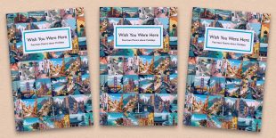 Three front covers of the Wish You Were Here: Fourteen Poems about Holidays poetry pamphlet on a decorative background
