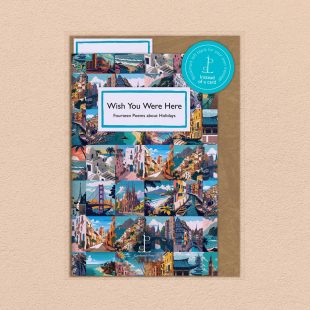 Pack image of the Wish You Were Here: Fourteen Poems about Holidays poetry pamphlet on a decorative background