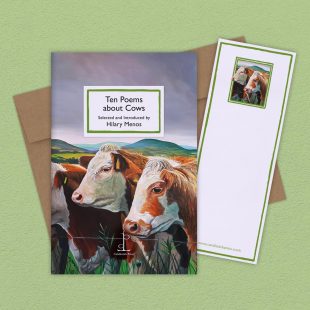 Group image of the Ten Poems about Cows poetry pamphlet on a decorative background