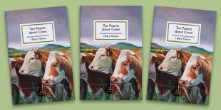 Three front covers of the Ten Poems about Cows poetry pamphlet on a decorative background