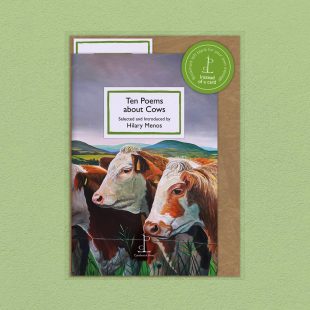 Pack image of the Ten Poems about Cows poetry pamphlet on a decorative background