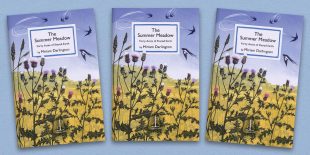 Three front covers of The Summer Meadow: Forty Acres of Shared Earth poetry pamphlet on a decorative background