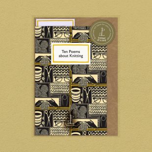 Pack image of the Ten Poems about Knitting poetry pamphlet on a decorative background