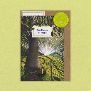 Pack image of the Ten Poems of Hope poetry pamphlet on a decorative background