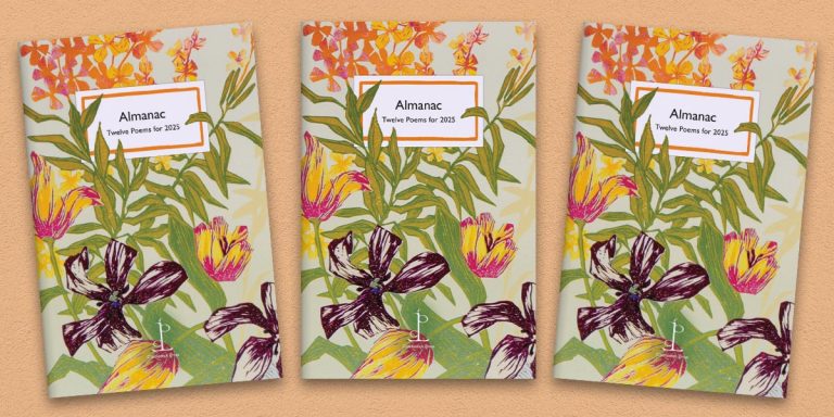 Three front covers of the Almanac 2025: Twelve Poems for 2025 poetry pamphlet on a decorative background