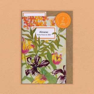 Pack image of the Almanac: Twelve Poems for 2025 poetry pamphlet on a decorative background