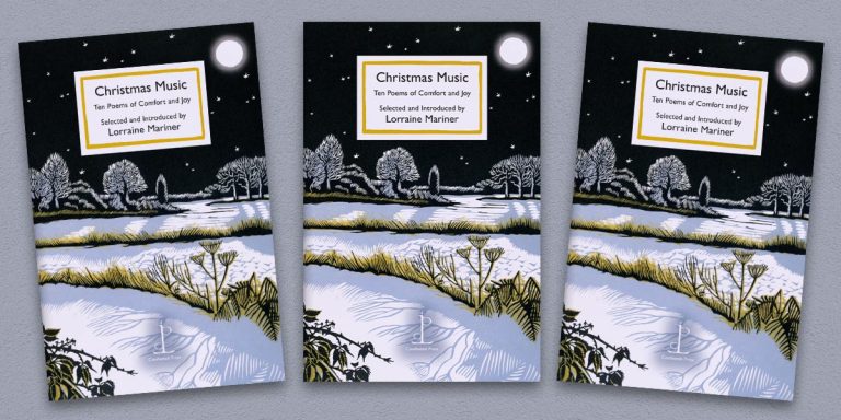 Three front covers of the Christmas Music: Ten Poems of Comfort and Joy poetry pamphlet on a decorative background