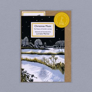 Pack image of the Christmas Music: Ten Poems of Comfort and Joy poetry pamphlet on a decorative background