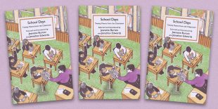 Three front covers of the School Days: Twenty Poems from the Classroom poetry pamphlet on a decorative background