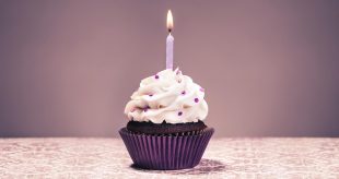 A single cupcake with a single lit candle on a decorative background