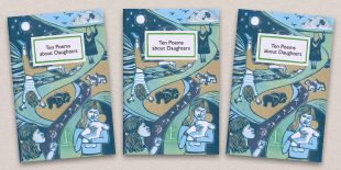 Three front covers of the Ten Poems about Daughters poetry pamphlet on a decorative background