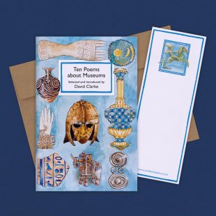 Group image of the Ten Poems about Museums poetry pamphlet on a decorative background