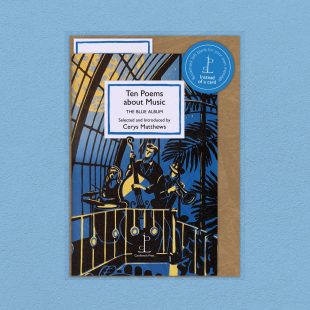 Pack image of the Ten Poems about Music: THE BLUE ALBUM poetry pamphlet on a decorative background