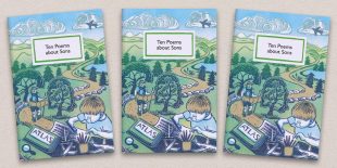 Three front covers of the Ten Poems about Sons poetry pamphlet on a decorative background