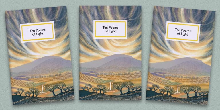 Three front covers of the Ten Poems of Light poetry pamphlet on a decorative background