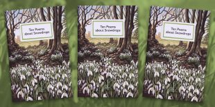 Three front covers of the Ten Poems about Snowdrops poetry pamphlet on a decorative background